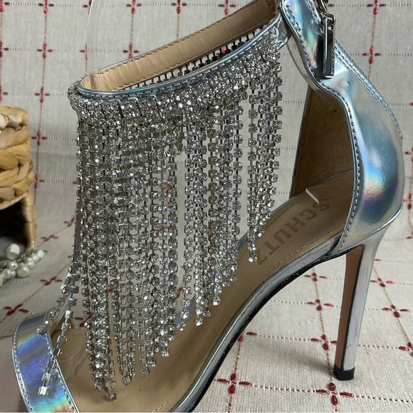 SCHUTZ “Lory” Iridescent Silver Leather Crystal Fringe Ankle Strappy Heels 6.5 - Picture 12 of 12